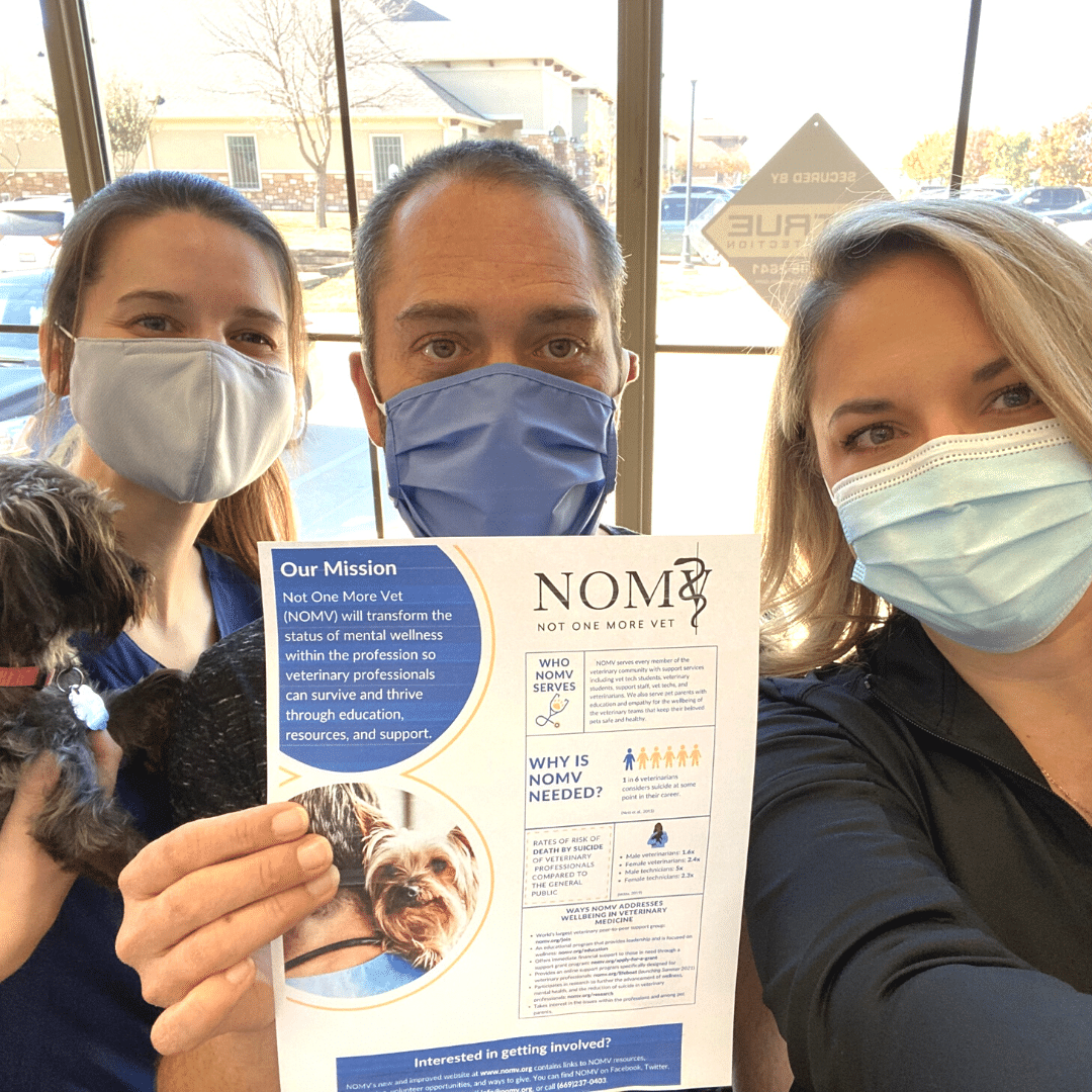 Three Veterinary professionals wearing masks and looking toward the camera with smiling eyes. The person in the middle is holding a NOMV infographic, the person on the right is holding a small dog.